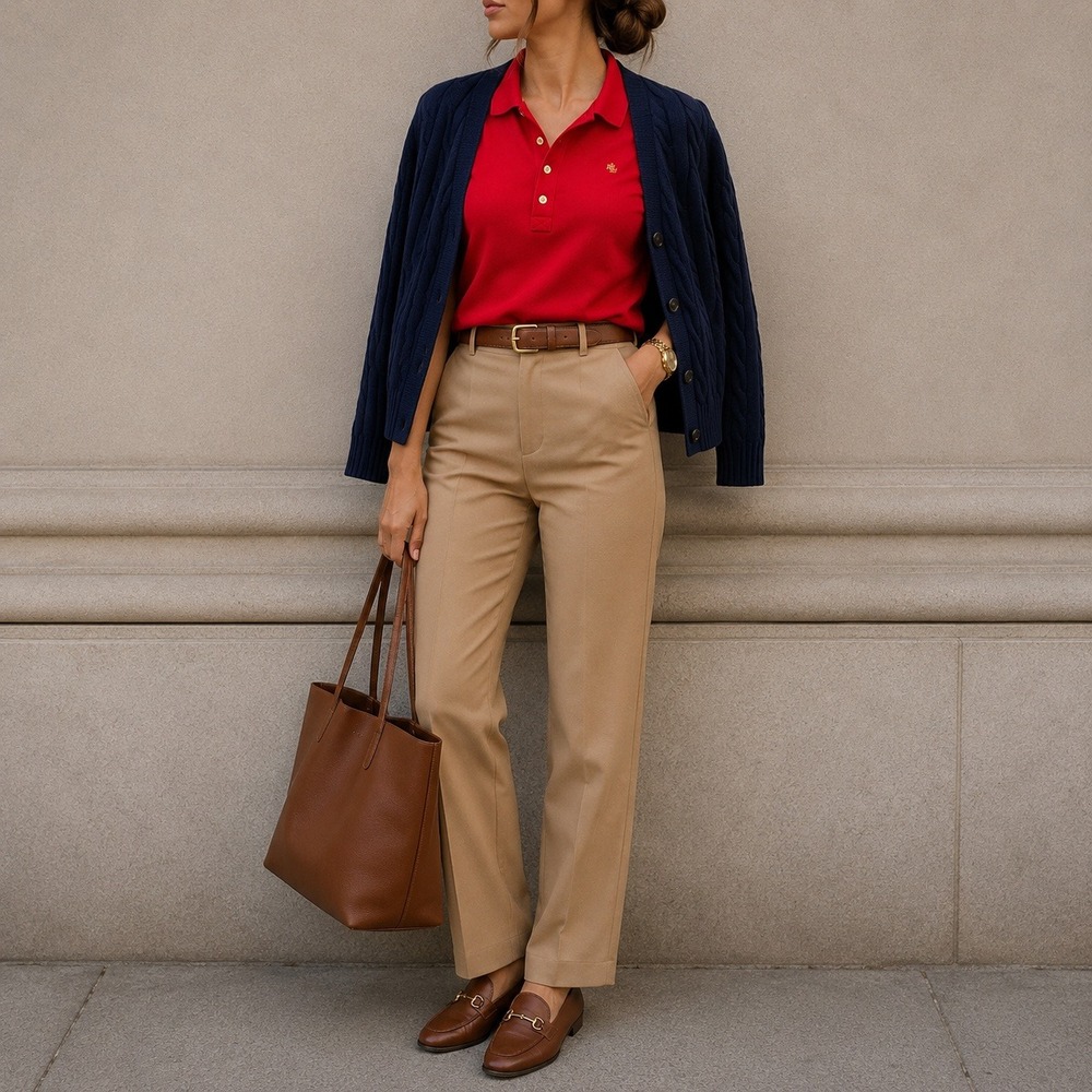 Lauren Ralph Lauren Polo Shirt L Red Gold Crest Pique Preppy Capsule Wardrobe